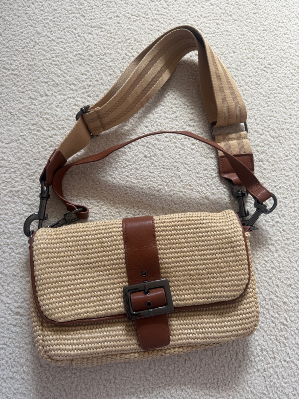 THINK ROYLN Beige Straw Shoulder Bag with Brown Leather Trim